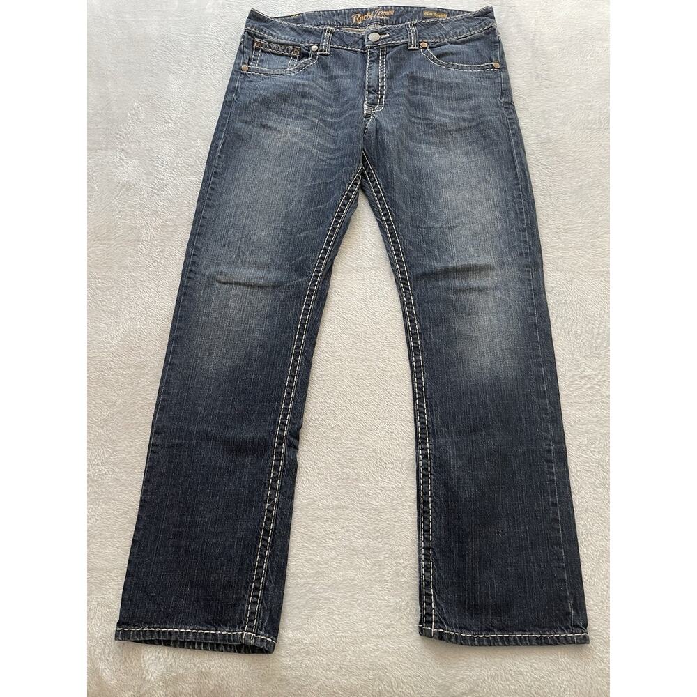 Wrangler Rock 47 Jeans Mens Size 38X34 Slim Straight Denim Embroidered Pocket
